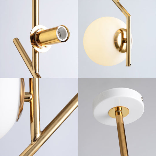 Contemporary Gold Angle Linear Chandelier Lighting - 2 Lights, White Glass Sphere Shade, Metal Hanging Lamp Fixture