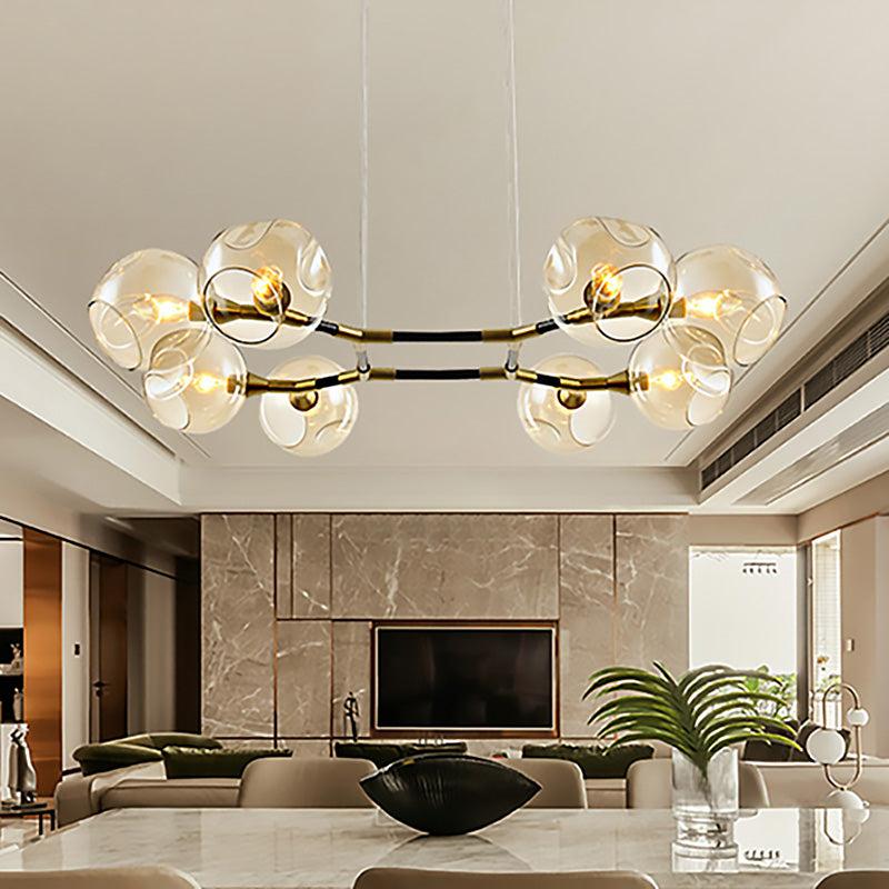 Modern Metal Multi-Light Branch Chandelier Pendant Lamp With Amber Blown Glass Ball Shade Brass