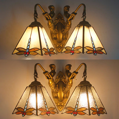 Tiffany Dragonfly Pattern Wall Mounted Sconce Light With White/Clear Glass - 2 Heads