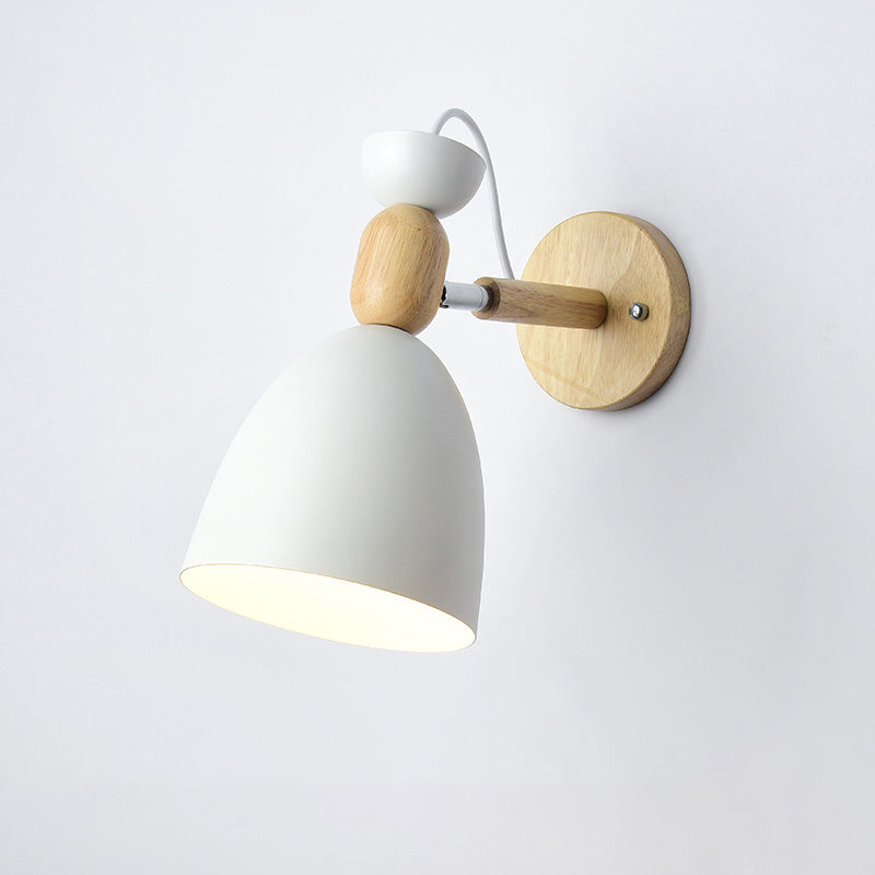 Kids Bedroom Wall Lamp With Swivel Shade - Metal Finish 1-Bulb Macaron Reading Light Wood Deco White