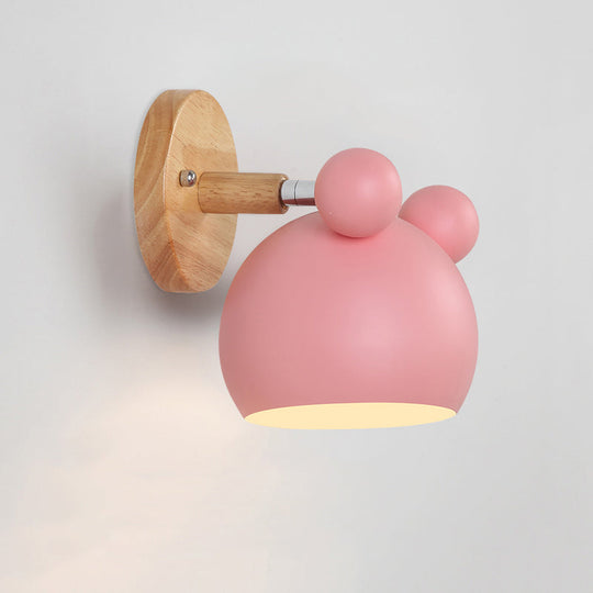 Kids Bedroom Wall Lamp With Swivel Shade - Metal Finish 1-Bulb Macaron Reading Light Wood Deco Pink
