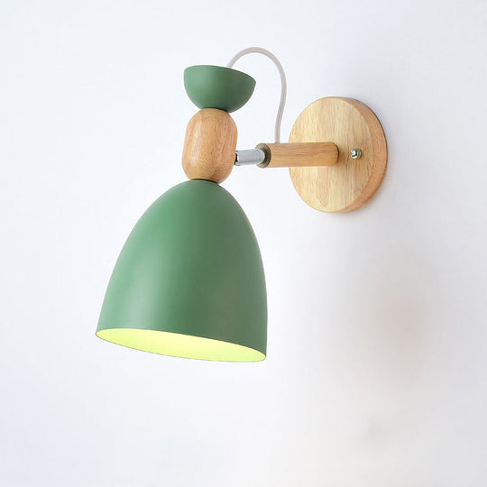 Kids Bedroom Wall Lamp With Swivel Shade - Metal Finish 1-Bulb Macaron Reading Light Wood Deco Green