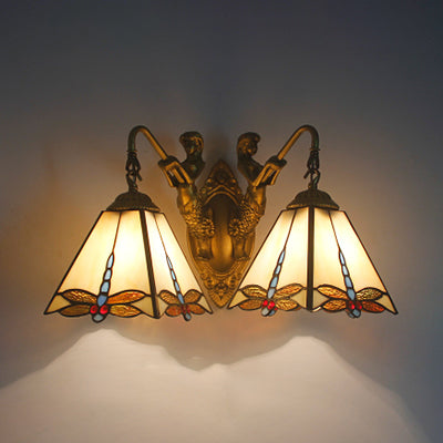 Tiffany Dragonfly Pattern Wall Mounted Sconce Light With White/Clear Glass - 2 Heads White