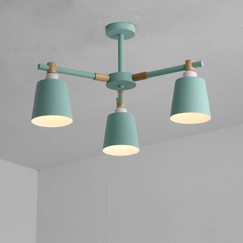 Hanging Nordic Metal Bedroom Chandelier With Wooden Joint - Horn Shade Ceiling Light Fixture