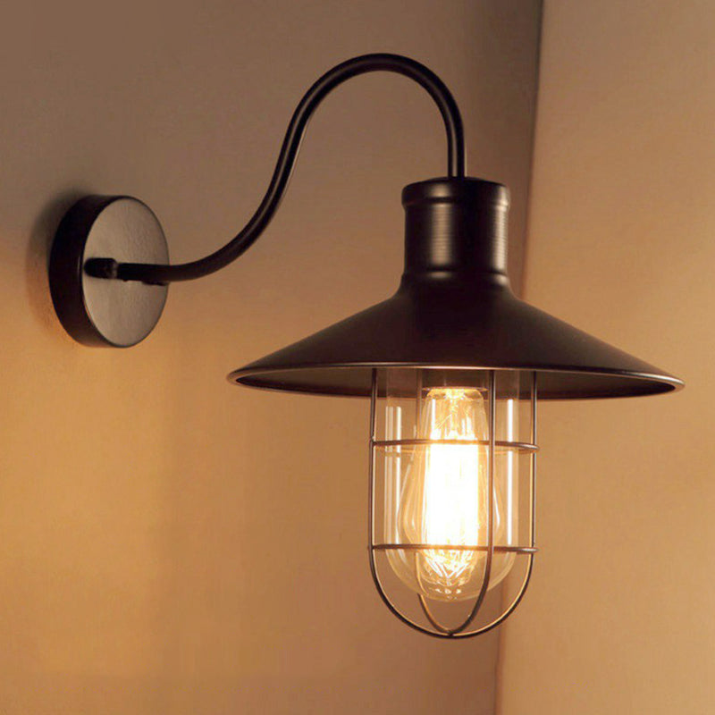 Industrial Metal Wall Sconce With Cage - Black Conical Gooseneck Design For Corridors