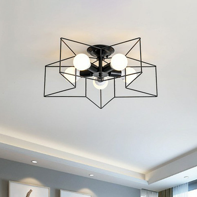 Modern Metal Ceiling Light Fixture For Bedroom - Pentagram Cage Semi Flush Mount Lamp With 5 Bulbs
