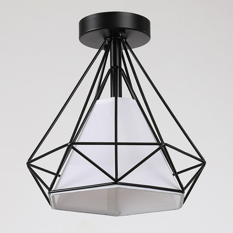 Vintage Iron Diamond Cage Ceiling Light - Black Flush Mount Fixture