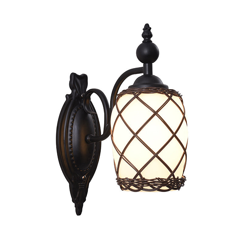 Traditional Cylinder Glass Wall Light Fixture With Bamboo-Woven Shade - Black