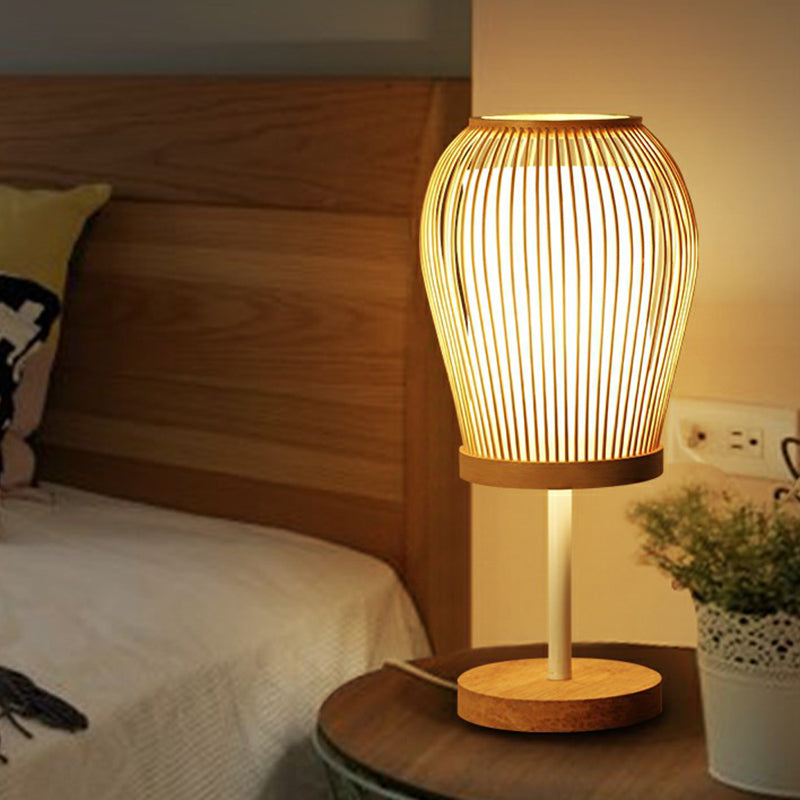 Nordic Bamboo Table Light With Fabric Inner Shade - Wood Cage Night Lamp Single-Bulb