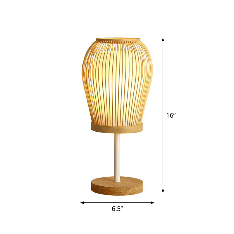 Nordic Bamboo Table Light With Fabric Inner Shade - Wood Cage Night Lamp Single-Bulb / 16
