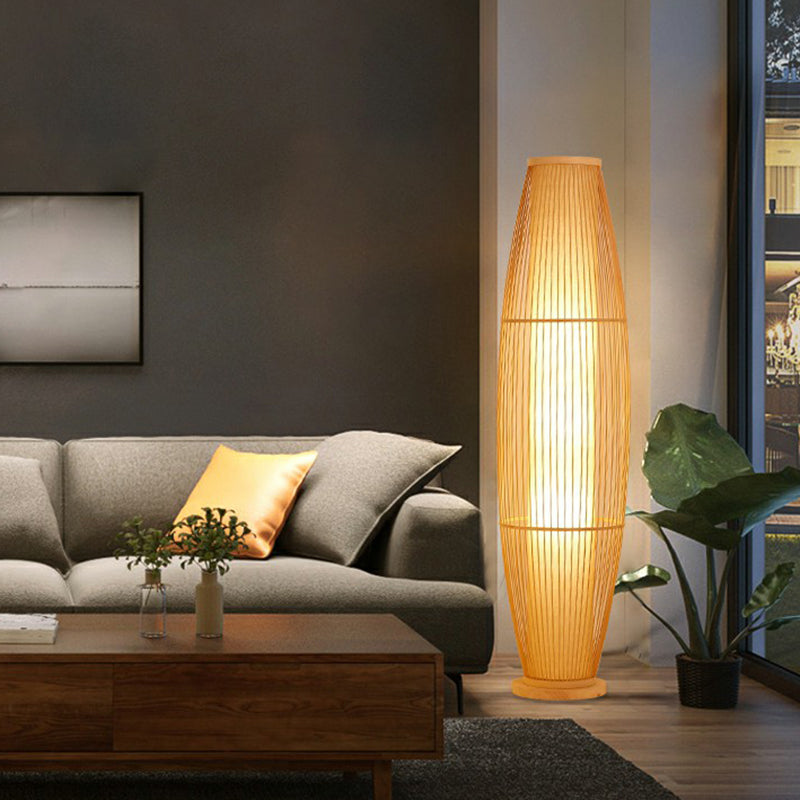 Modern Wood Floor Lamp With Oval Bamboo Cage Shade - 1-Head Living Room Light