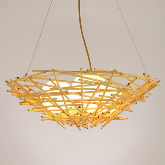 Rustic Bamboo Nest Pendant Light: Beige Chandelier With 3-Bulb Egg Ivory Glass Shade