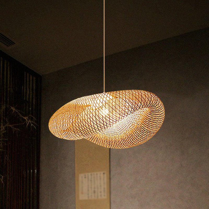 Bamboo Cage Pendant Light For Tearoom - Chinese Style 1 Bulb Beige