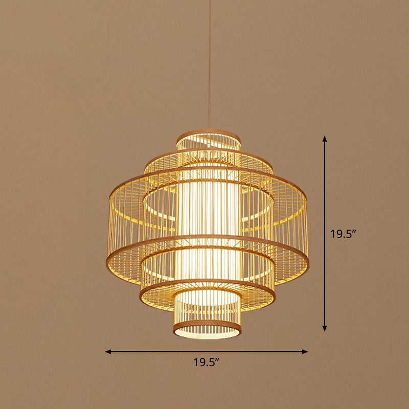 Bamboo Cage Pendant Light For Tearoom - Chinese Style 1 Bulb Beige / R