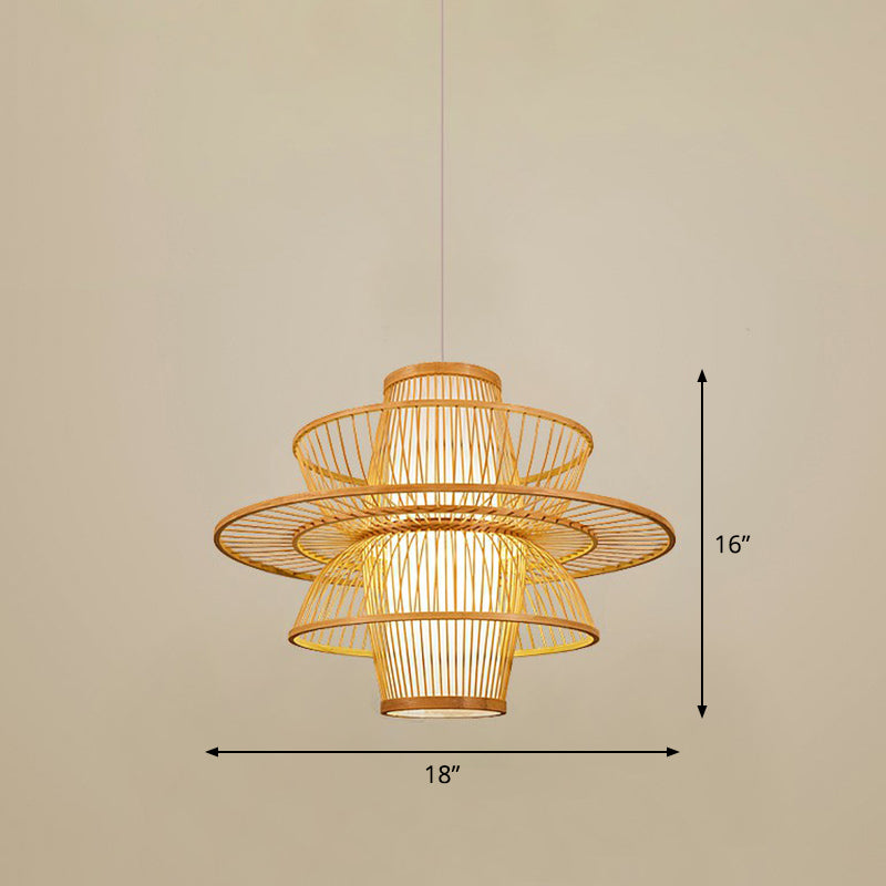 Bamboo Cage Pendant Light For Tearoom - Chinese Style 1 Bulb Beige