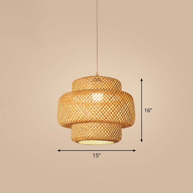 Bamboo Cage Pendant Light For Tearoom - Chinese Style 1 Bulb Beige