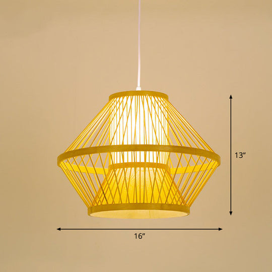 Bamboo Cage Pendant Light For Tearoom - Chinese Style 1 Bulb Beige