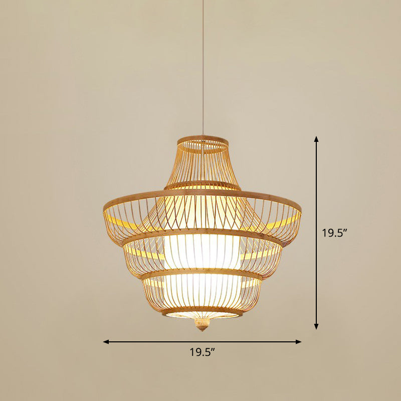 Bamboo Cage Pendant Light For Tearoom - Chinese Style 1 Bulb Beige / M