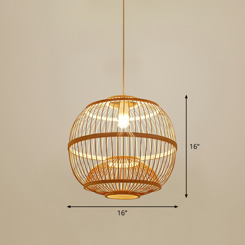 Bamboo Cage Pendant Light For Tearoom - Chinese Style 1 Bulb Beige