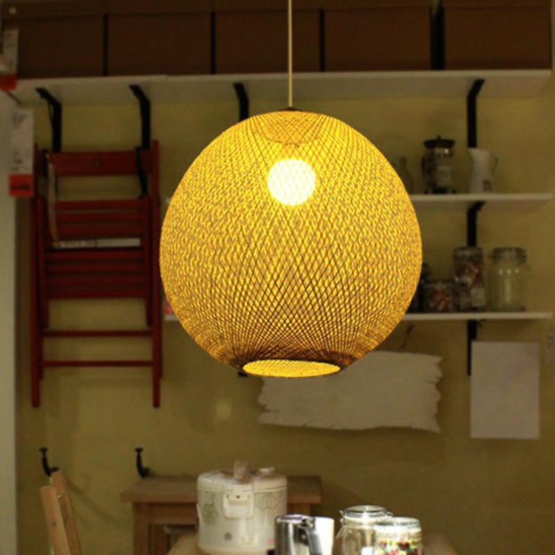 Chinese Beige Globe Pendant Light Fixture - Bamboo Suspension Lighting For Living Room