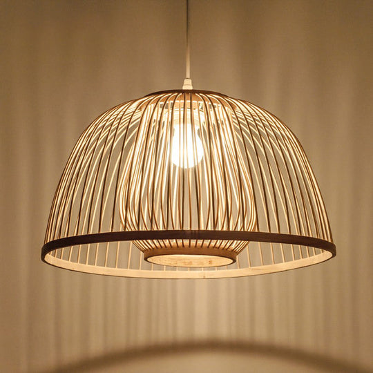 Modern Wooden Domed Ceiling Pendant With Bamboo Suspension And Cage Design