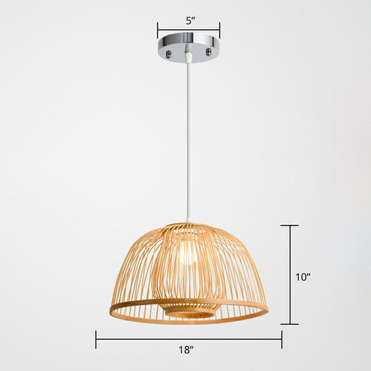 Modern Wooden Domed Ceiling Pendant With Bamboo Suspension And Cage Design Wood / 18