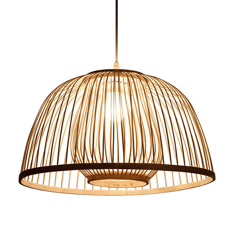 Modern Wooden Domed Ceiling Pendant With Bamboo Suspension And Cage Design
