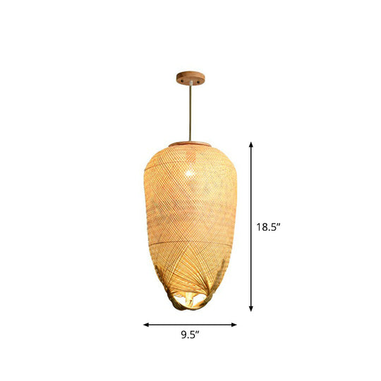 Asia Bamboo Weave Pendant Light Fixture - Restaurant Ceiling Lamp Beige Shade / F