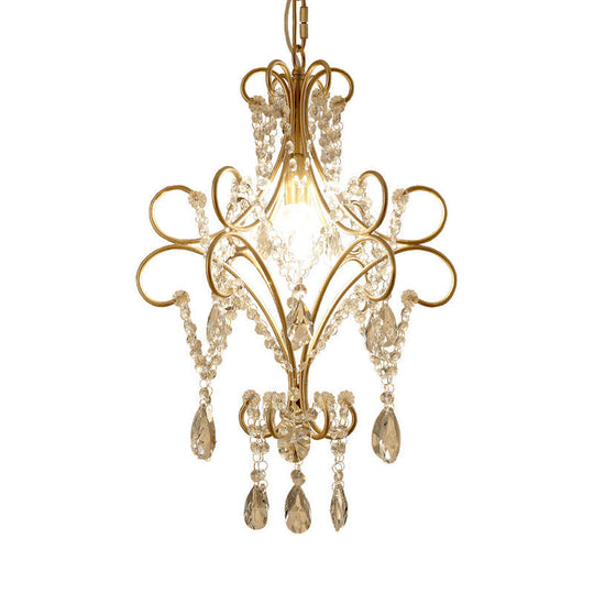 Retro Metal Prism Hanging Lamp Brass Pendant With Crystal Teardrop - 1 Bulb Lighting Fixture
