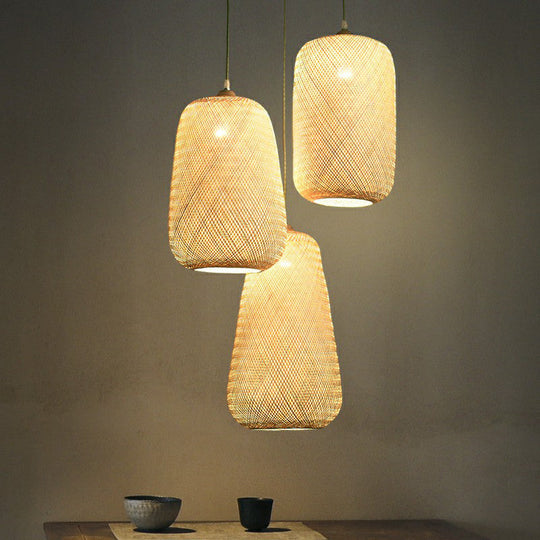 Asia Bamboo Weave Pendant Light Fixture - Restaurant Ceiling Lamp Beige Shade