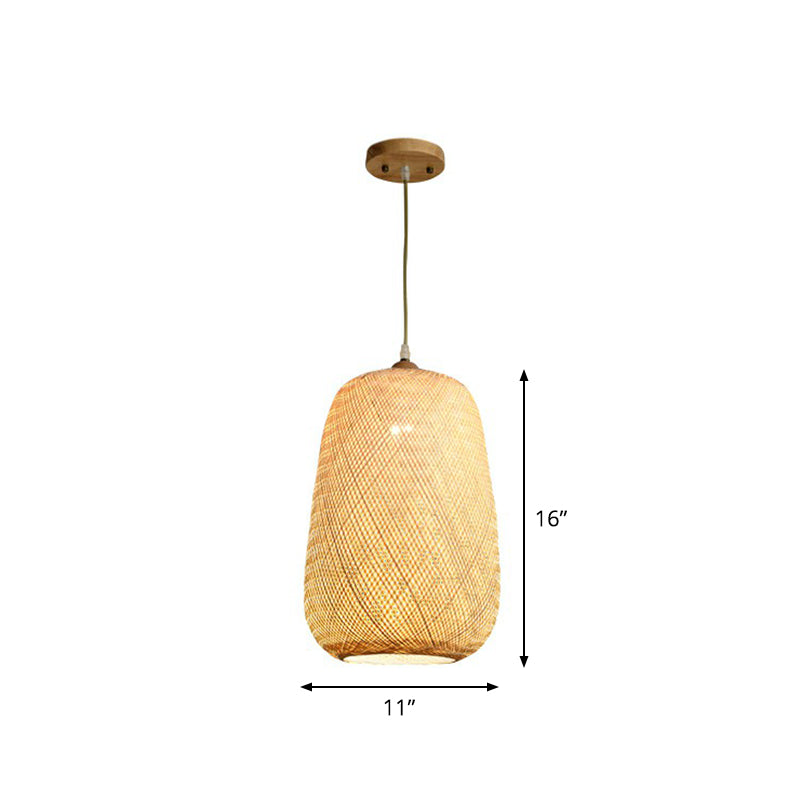 Asia Bamboo Weave Pendant Light Fixture - Restaurant Ceiling Lamp Beige Shade