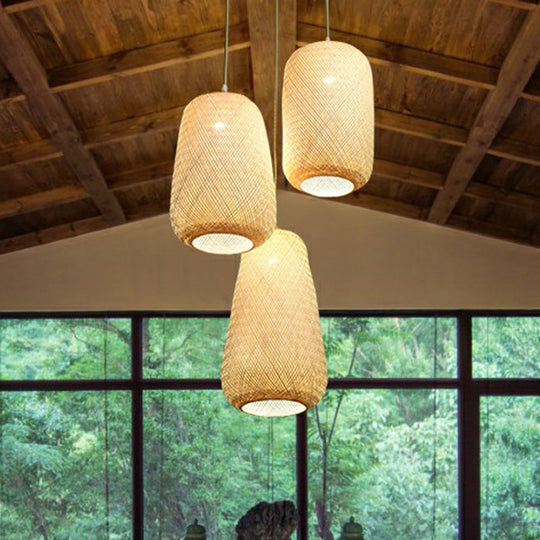 Asia Bamboo Weave Pendant Light Fixture - Restaurant Ceiling Lamp Beige Shade