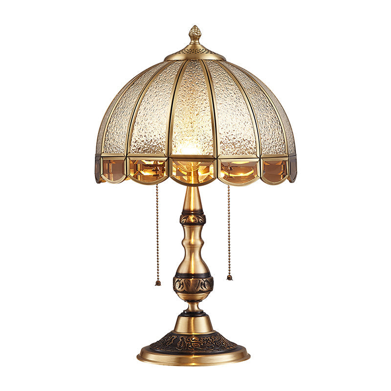 Brass Night Lamp: Traditional Dome Shade Table Light With Pull Chain And Water Glass - 1 Bulb