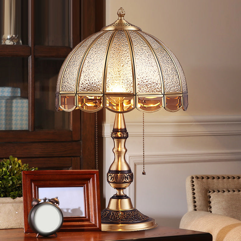 Antique Textured Glass Bronze Nightstand Lamp With Pull Switch - Hemispherical Bedroom Table Light