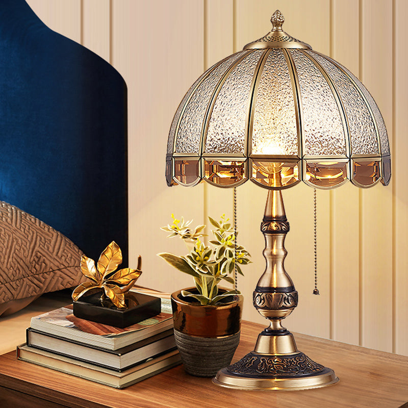 Antique Textured Glass Bronze Nightstand Lamp With Pull Switch - Hemispherical Bedroom Table Light