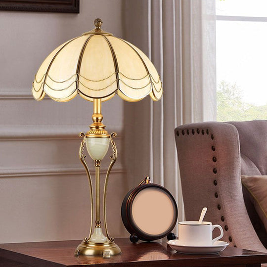 Bronze Font Night Light Table Lamp With Scalloped Lampshade - Traditional Design / Frosted Glass