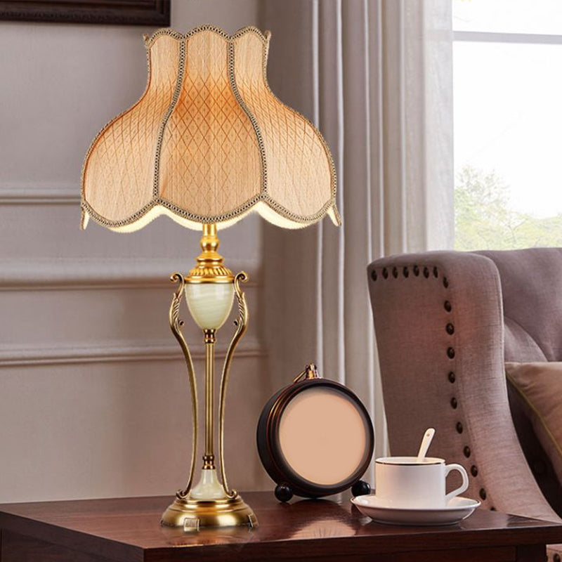 Bronze Font Night Light Table Lamp With Scalloped Lampshade - Traditional Design / Fabric