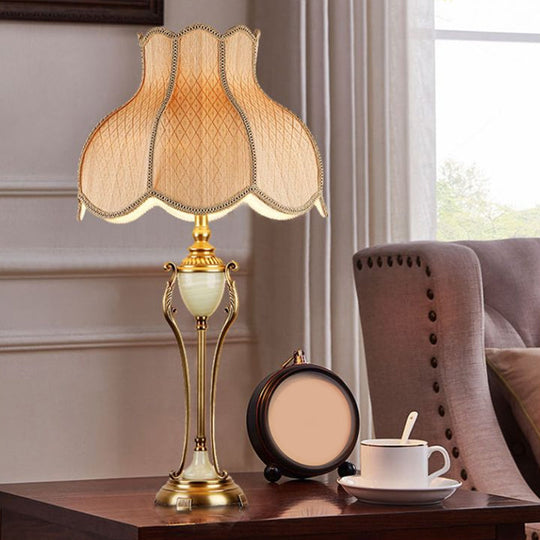 Bronze Font Night Light Table Lamp With Scalloped Lampshade - Traditional Design / Fabric