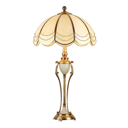 Bronze Font Night Light Table Lamp With Scalloped Lampshade - Traditional Design