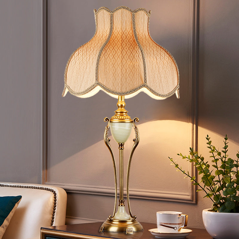 Bronze Font Night Light Table Lamp With Scalloped Lampshade - Traditional Design