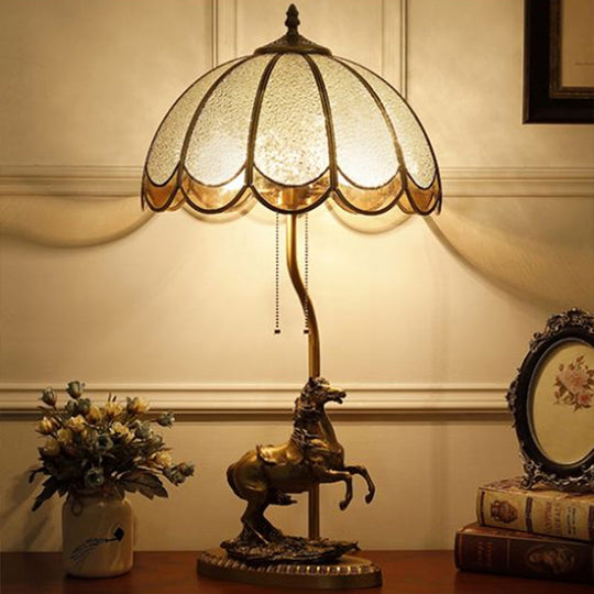 Vintage Brass 2-Light Table Lamp With Water Glass Scalloped Shade Pull Chain And Horse Deco