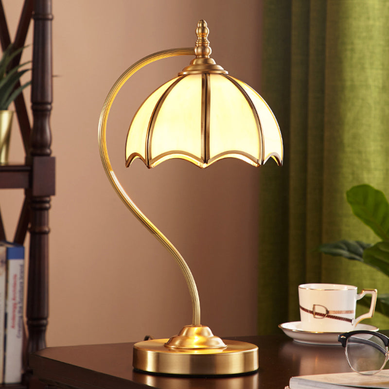 Simplicity Frosted Glass Umbrella Table Lamp With Brass Gooseneck Arm- 1 Head Night Lighting