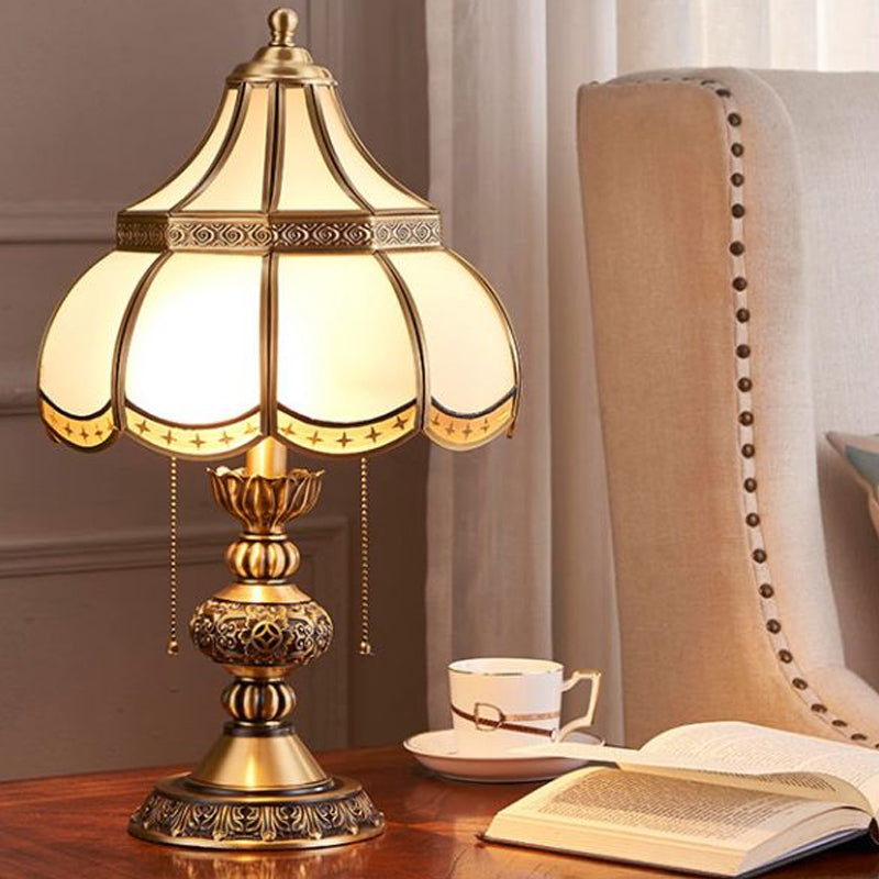 Traditional Brass Night Stand Lamp With Scalloped White Glass Shade - Bedroom Table Light 2-Bulbs
