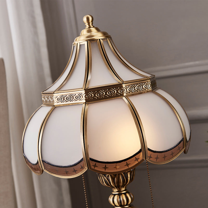 Traditional Brass Night Stand Lamp With Scalloped White Glass Shade - Bedroom Table Light 2-Bulbs