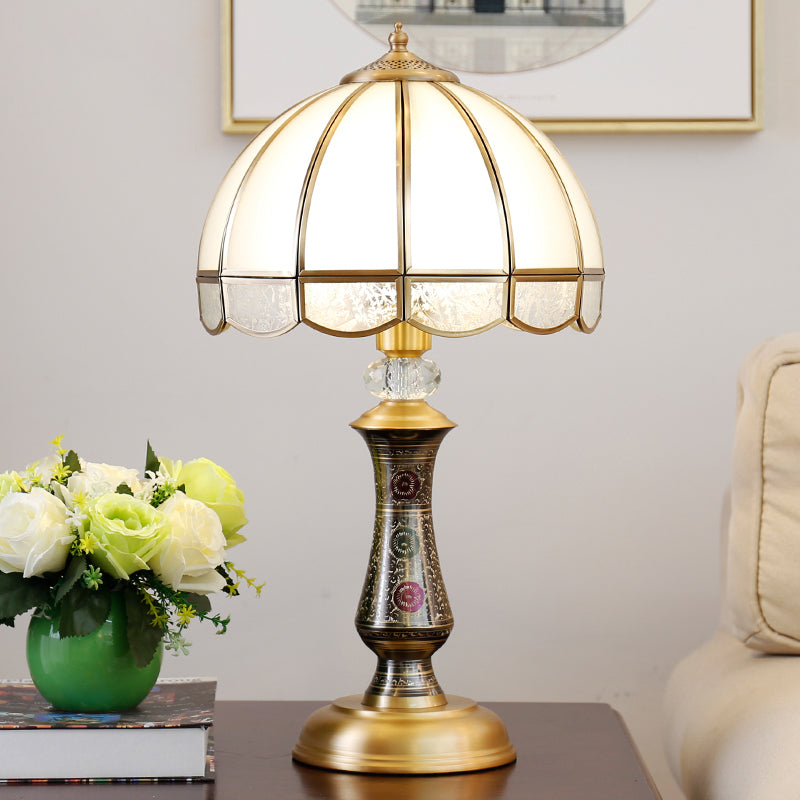 Traditional Brass Nightstand Lamp With Opal Glass & Scalloped Trim - Single Dome Design