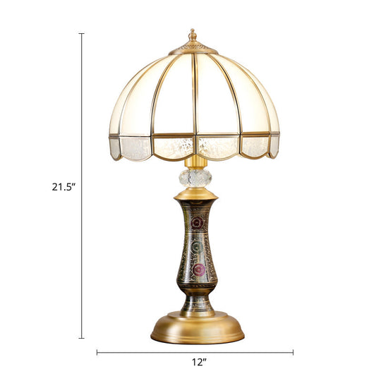 Traditional Brass Nightstand Lamp With Opal Glass & Scalloped Trim - Single Dome Design