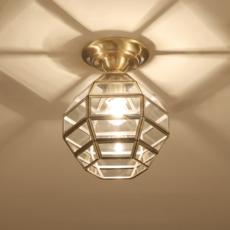 Vintage Gold Six-Sided Flush Mount Ceiling Light With Clear Glass Pane