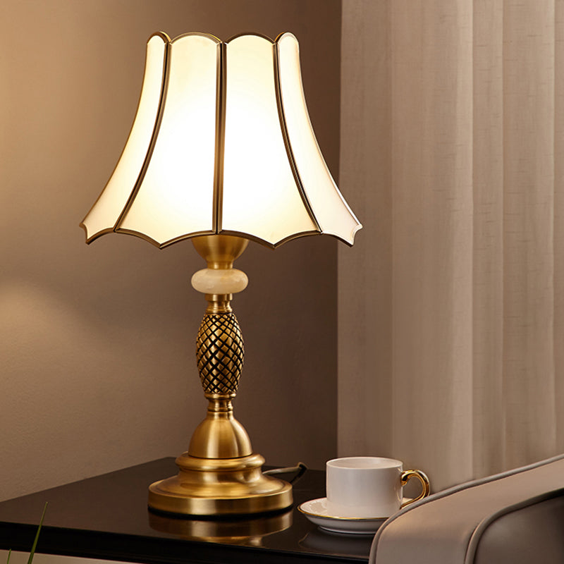 Colonial Style Brass Scalloped Nightstand Lamp With Opaque Glass - Ideal For Single Bedroom