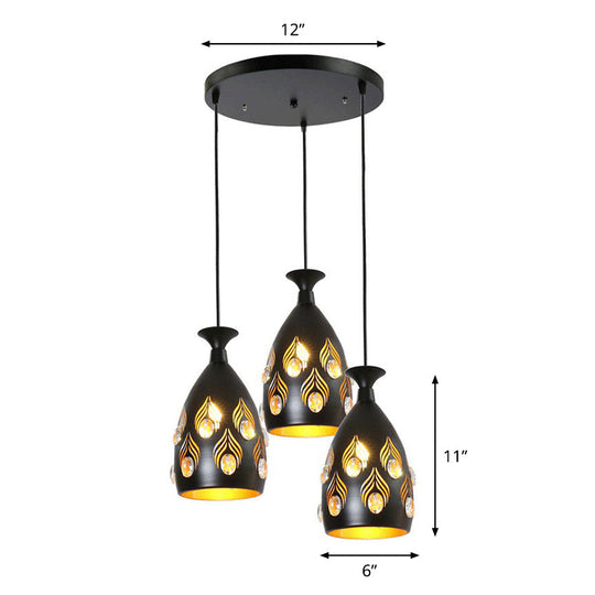 Artistic Metal Cluster Pendant Light - 3 Head Cup Shape Black Hollowed-Out Ceiling Lamp With