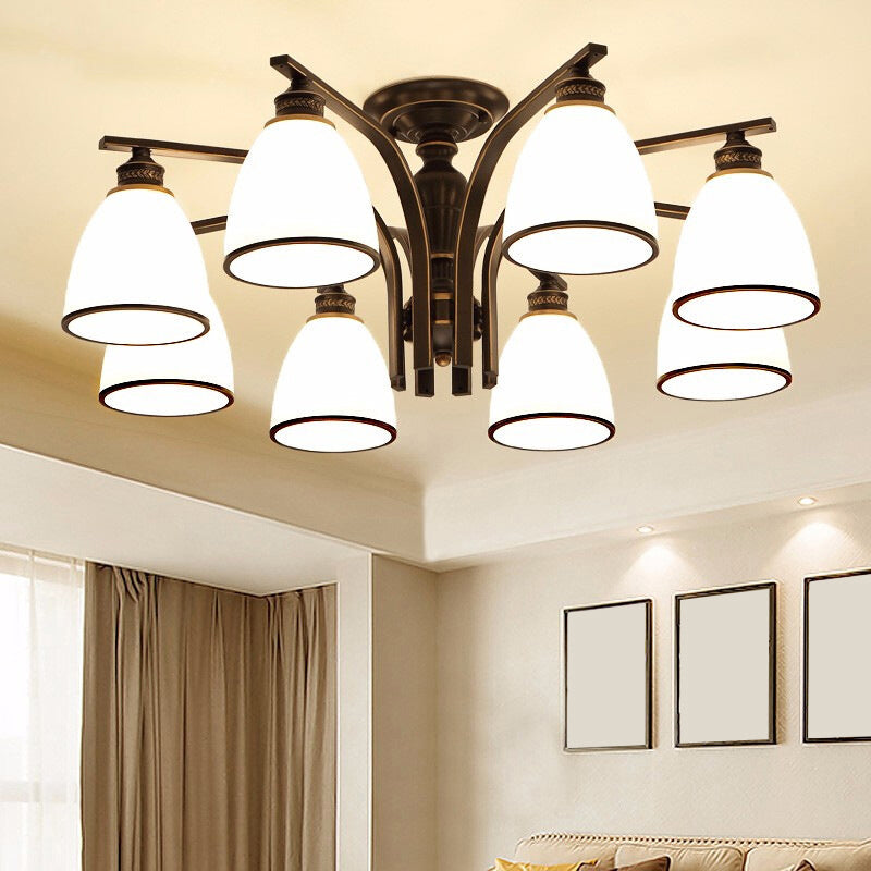 Black Semi Flush Ceiling Light With Minimalist Bell Shape Cream Glass - Ideal For Dining Room